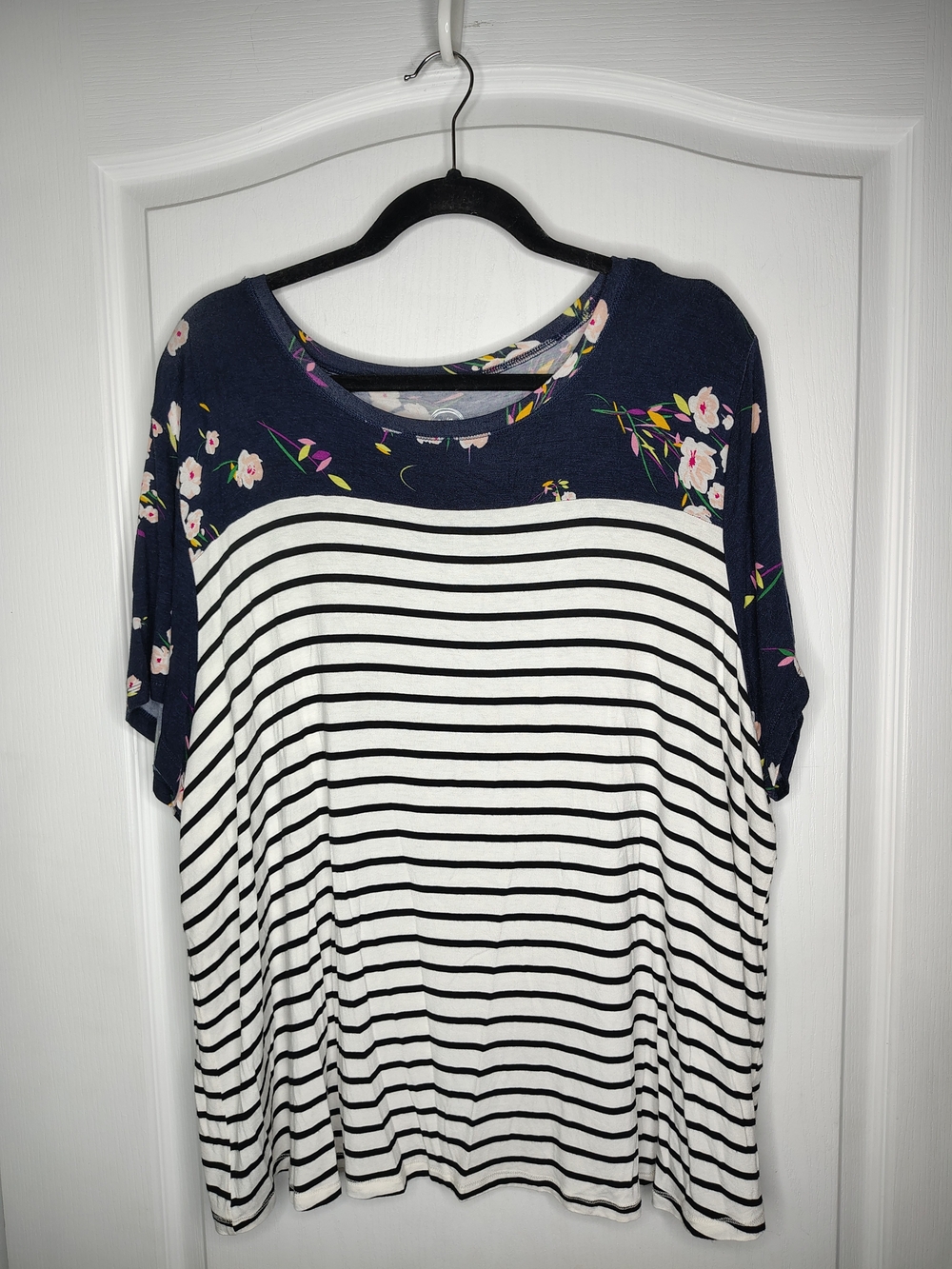 Striped Tee with Navy Floral Yoke - Short Sleeve